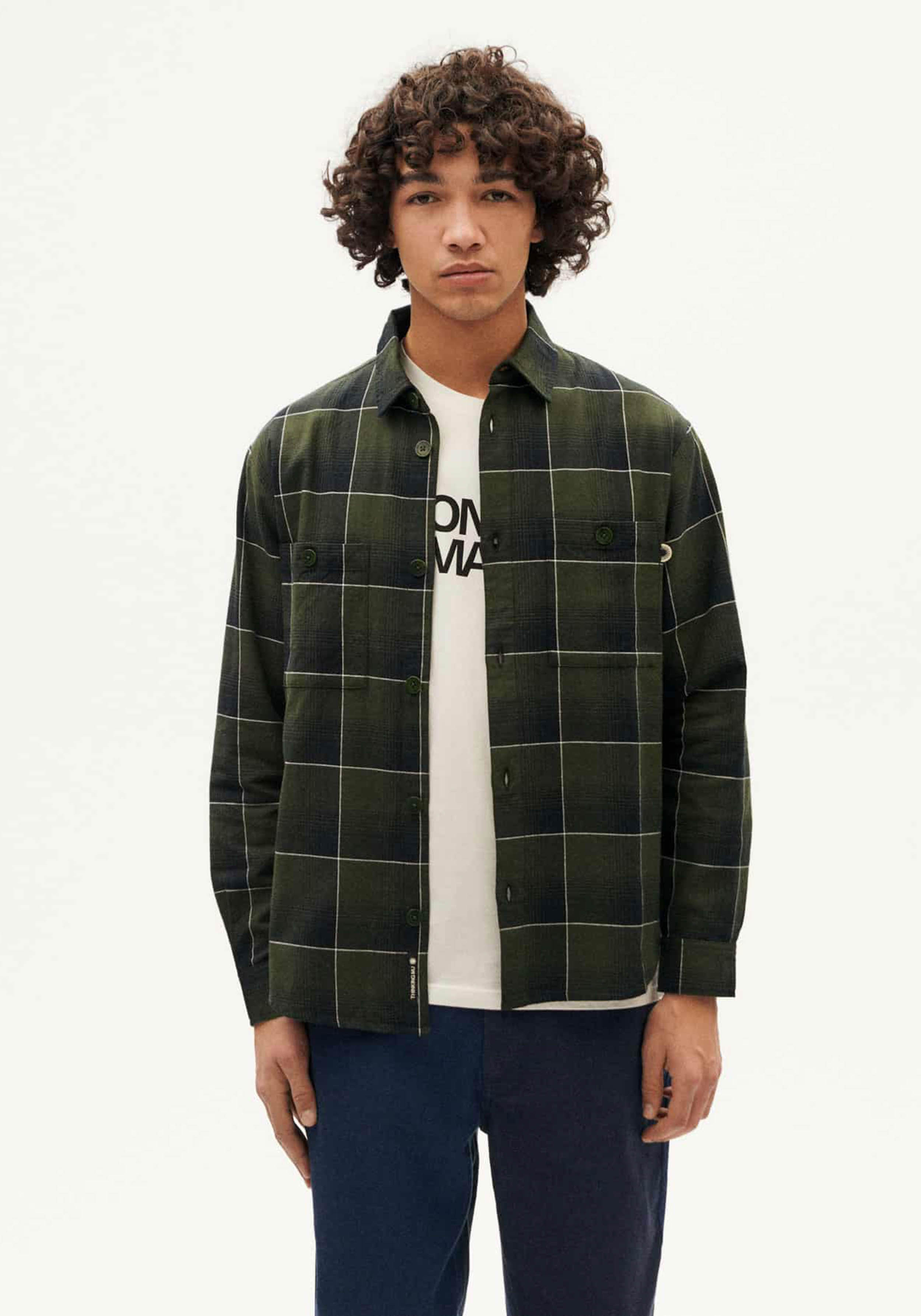 Thinking Mu Hemd Hans Olive Black Checks