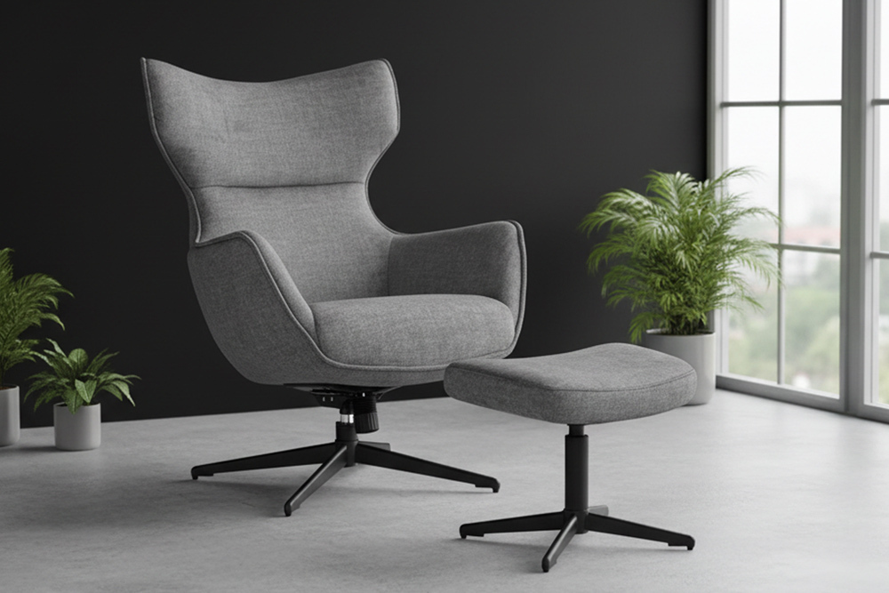 Design Hocker VOGUE 45cm grau Samt drehbar schwarze Metallbeine Fußhocker