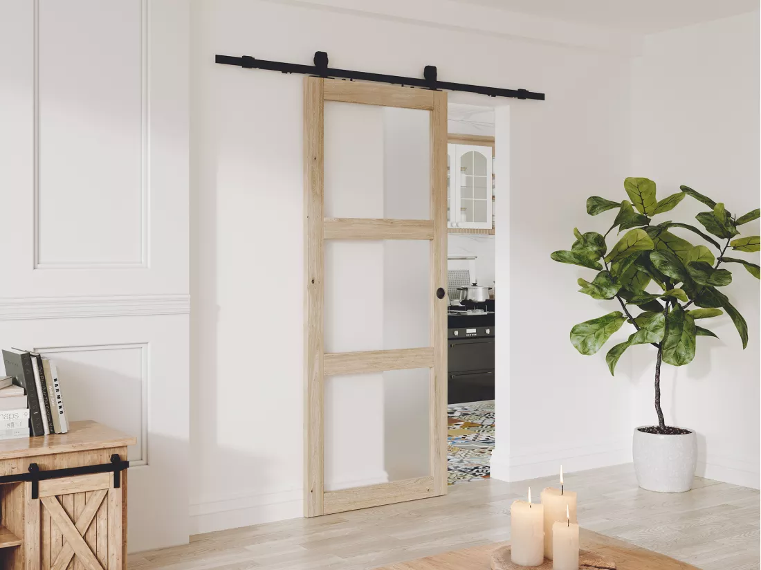 Porte coulissante avec système en applique en bois et verre trempé dépoli - 3 fenêtres - H205 x L93 cm - ACOSTA II