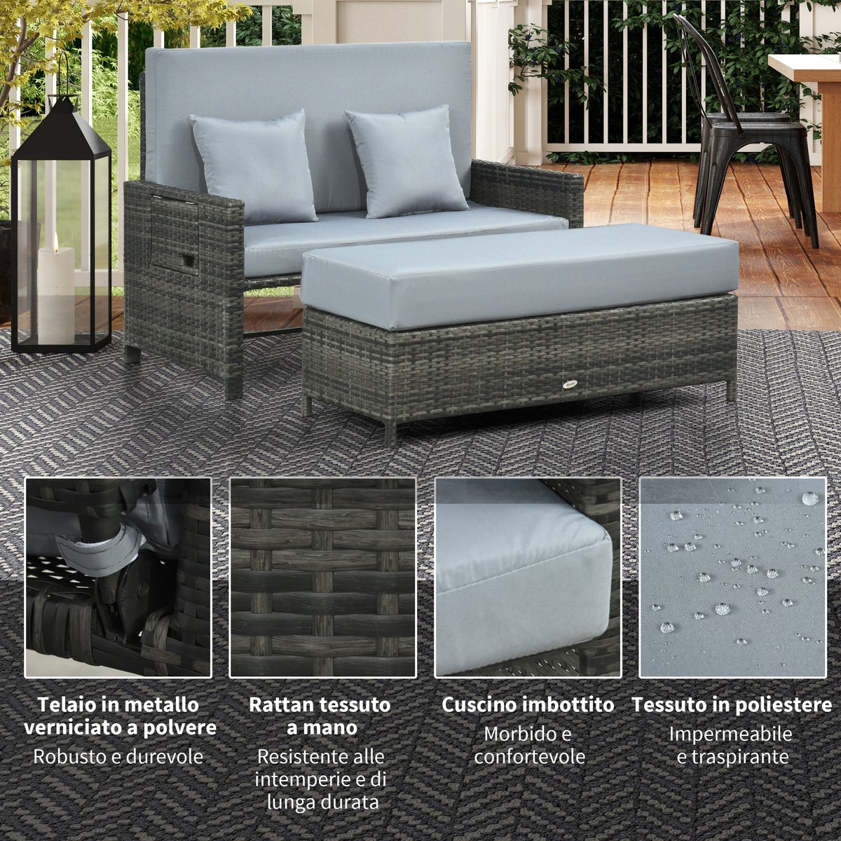 Outsunny tuinbank, B130 x D72 x H96 cm, PE polyrattan, metaal, grijs