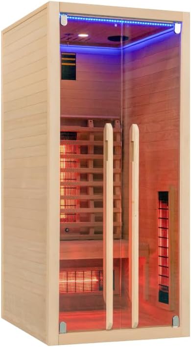 Infrarotkabine 1–2 Personen | Ganzglastür Klarglas | 90x100x195cm | Rubystrahler 1,3kW | Infrarotsauna für Zuhause | Fronteinstieg | Wärmekabine Indoor aus Holz Natur