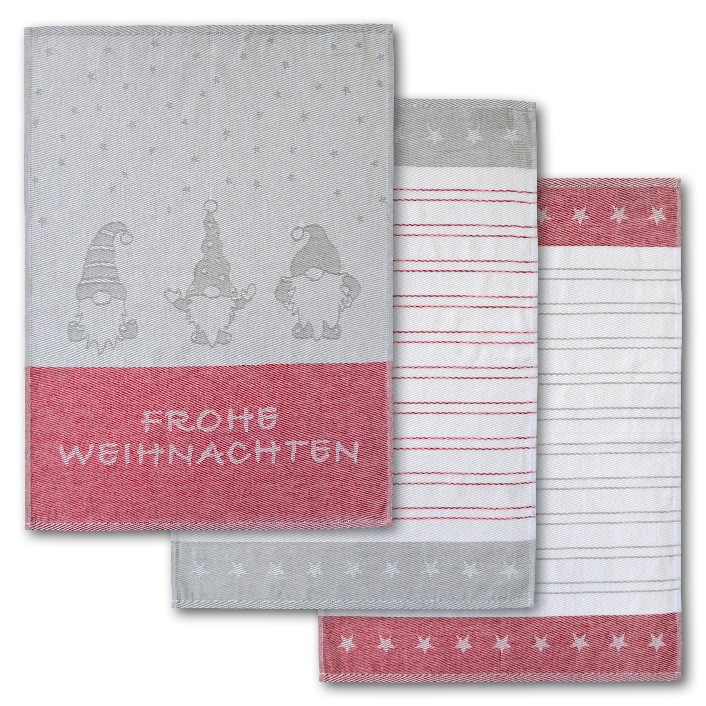 Dyckhoff Geschirrtuch »Wichtel, mit Schriftzug Frohe Weihnachten, Streifen und Sternen« mit 3 verschiedenen Motiven, Masse je Tuch ca. 50x70 cm, 100% Baumwolle