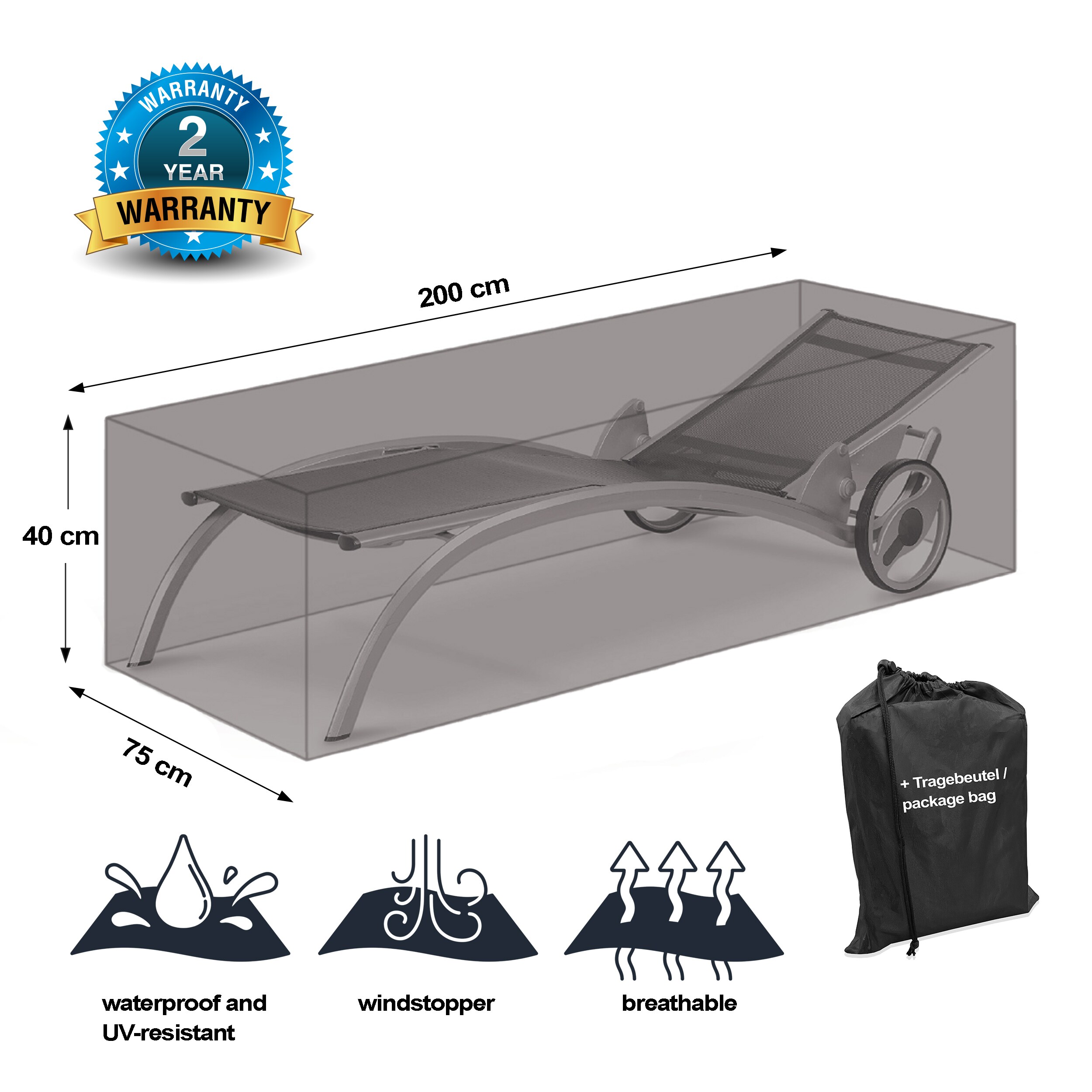 Grasekamp Black Premium Gartenliegenhülle200x75x40cm / garden lounger cover /atmungsaktiv / breathable