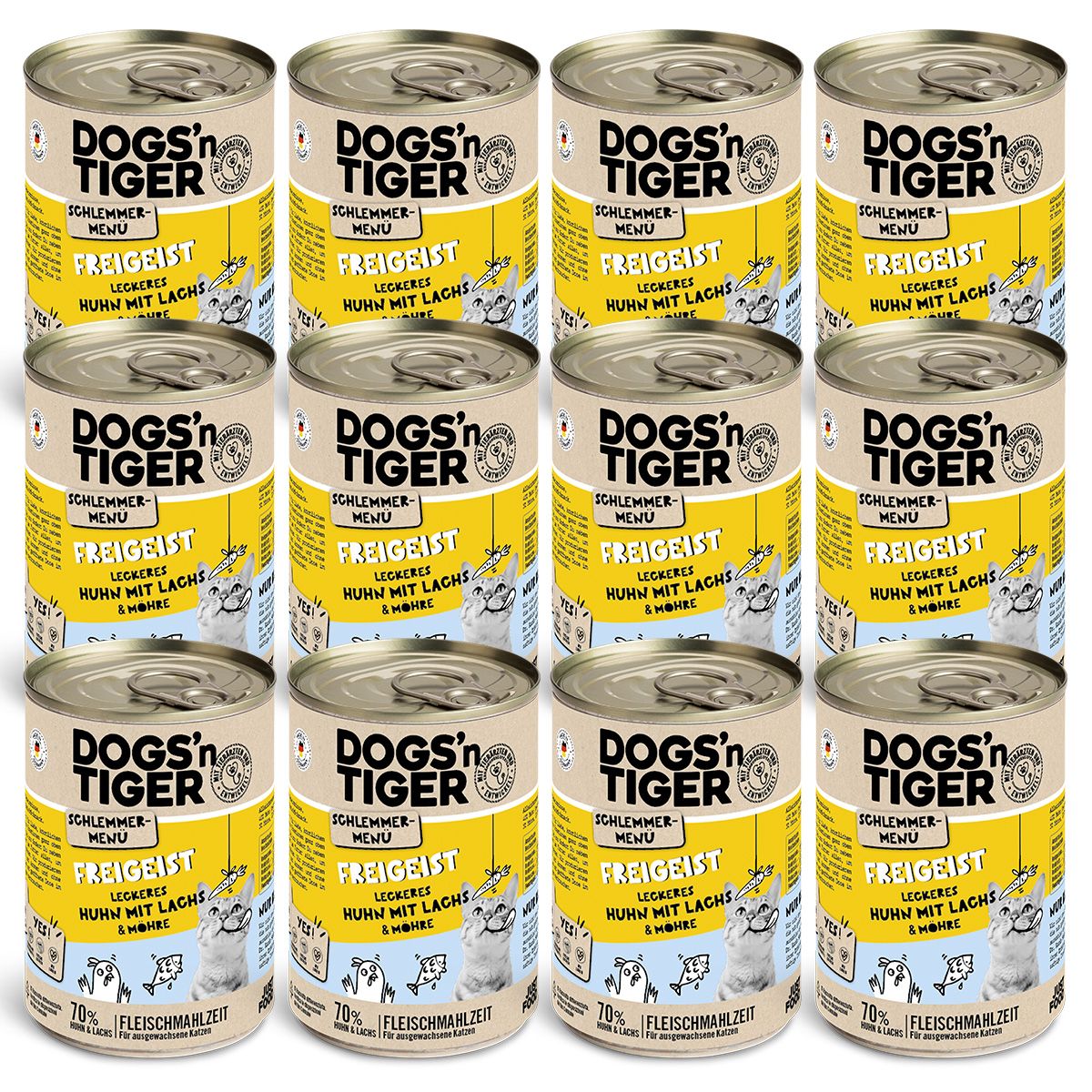Dogs’n Tiger Adult, Katzenfutter, Freigeist, Katzen Nassfutter, Getreidefrei, Huhn, Lachs & Karotte