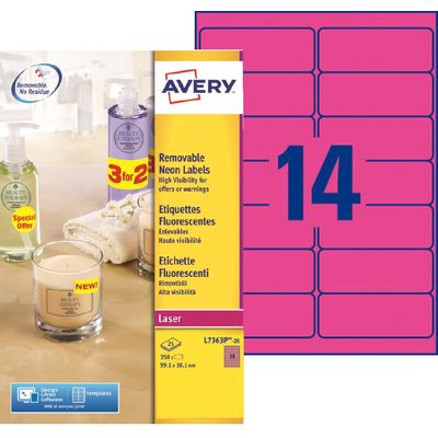Avery - 350 Étiquettes amovibles rose fluo - 99,1 x 38,1 mm - Impression laser - réf L7363P-25
