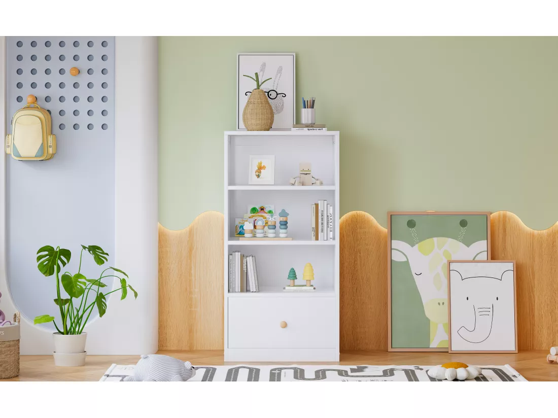 Buffet haut, Bibliothèque, étagère avec trois étagères et un tiroir, coulisses silencieuses, pour chambre à coucher, salon, MDF, blanc