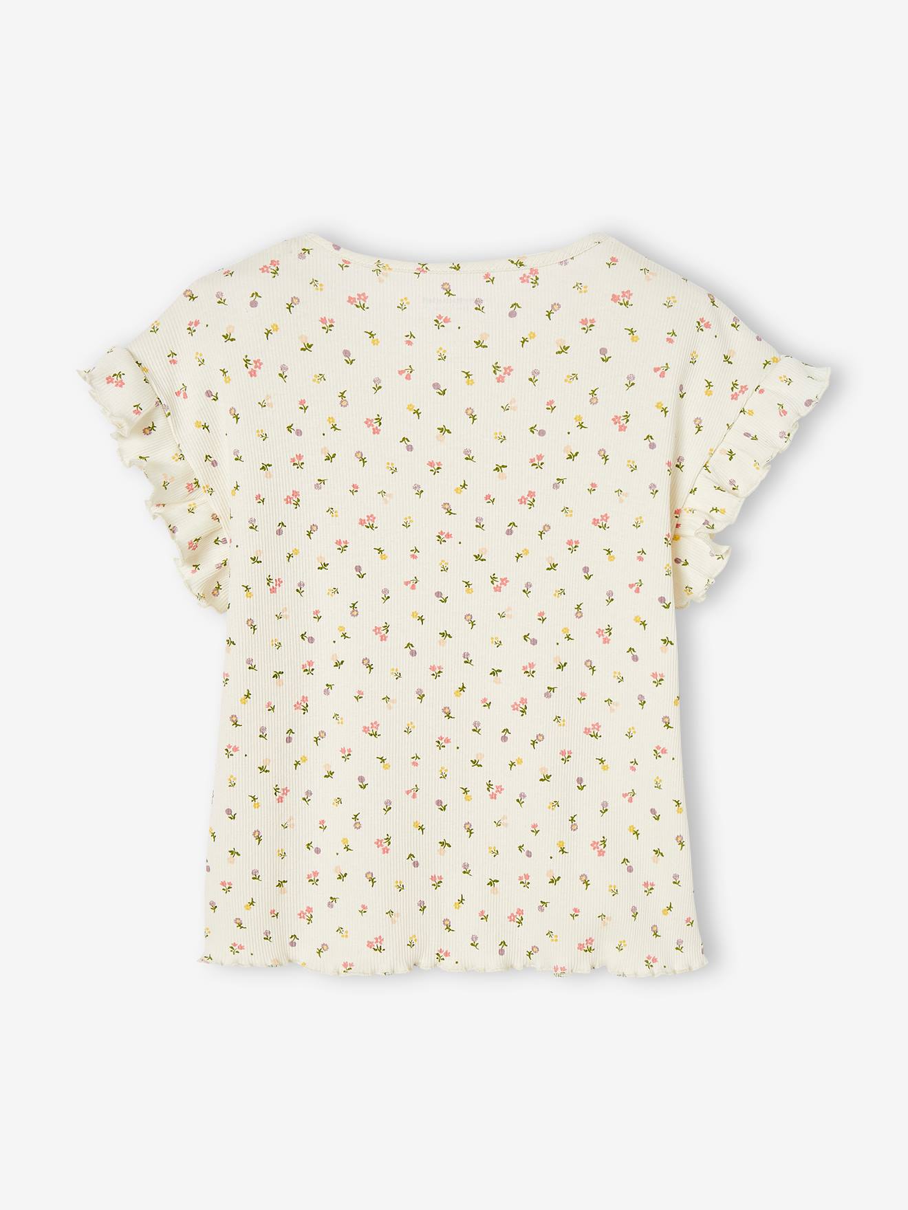 Camiseta canelada com estampa floral para meninas, cor cru