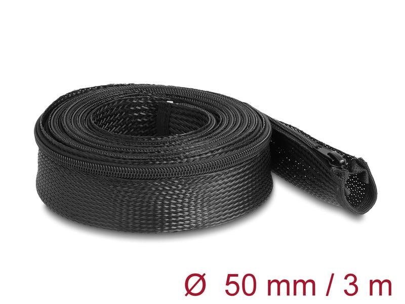 Delock Kabelschlauch 3 m x 50 mm, mit Reissverschluss, Schw Delock Geflechtschlauch mit Reissverschluss hitzebeständig 3 m x 50 mm schwarz