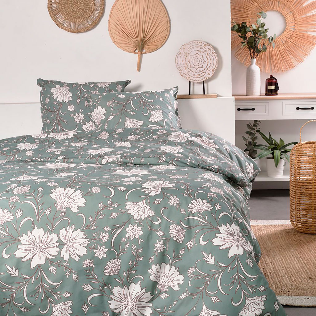 Parure de lit coton 57 fils motif fleurs vert 220x240cm