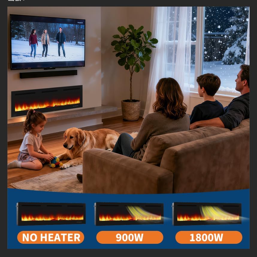 Elektrokamin, 3 in 1 Elektrischer Stand-, Wand- oder Einbaukamin mit 3D Flammeneffekt und 12 Flammenfarben, 900W/1800W Kamin mit Fernbedienung, Timer & Thermostat, Schwarz (50 inch)
