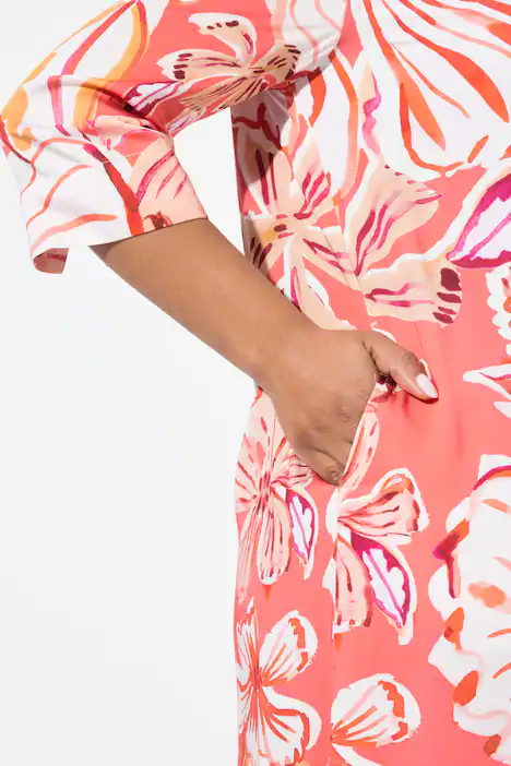 Kleid, Blätter, A-Linie, Stehkragen, 3/4-Arm, rosenkoralle