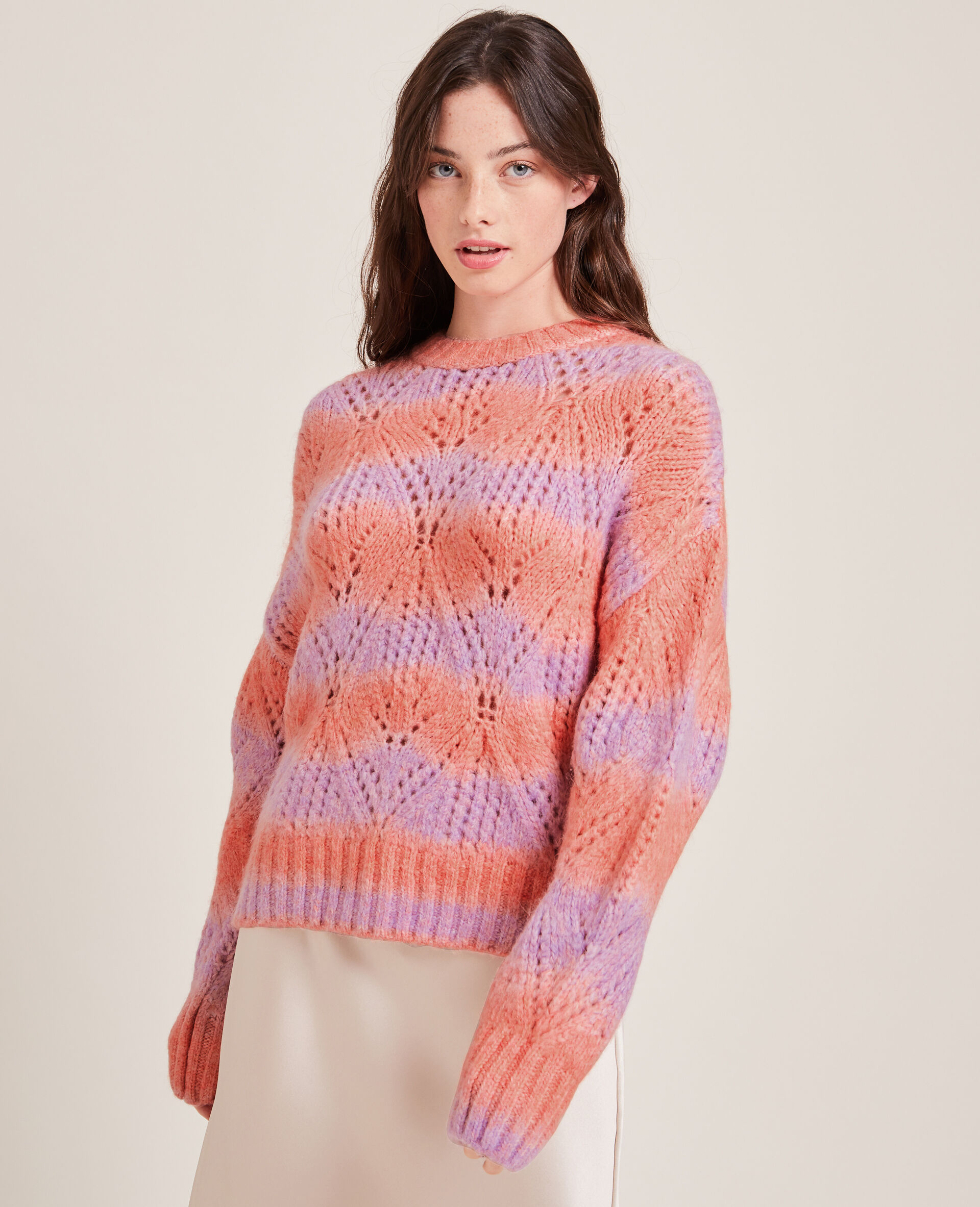 Pull bicolore maille ajourée - Rose fuchsia