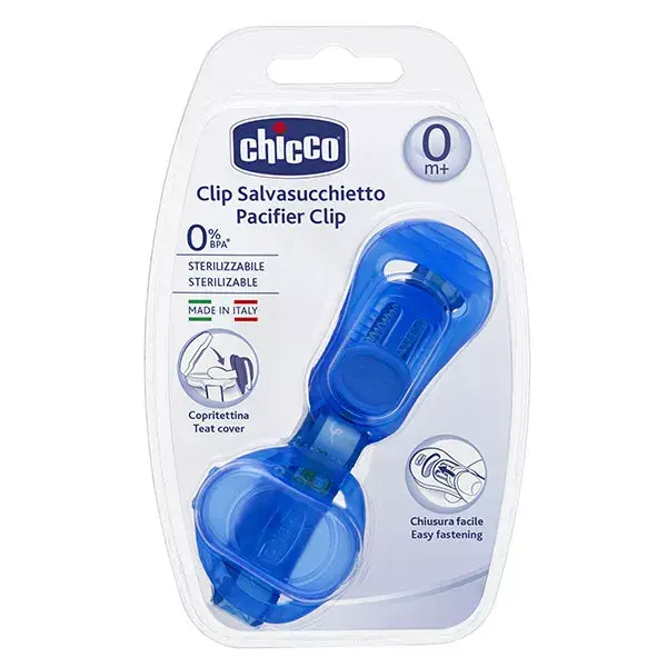 Acessórios para chupeta Chicco: Prendedor de chupeta com fita e protetor de bico, azul