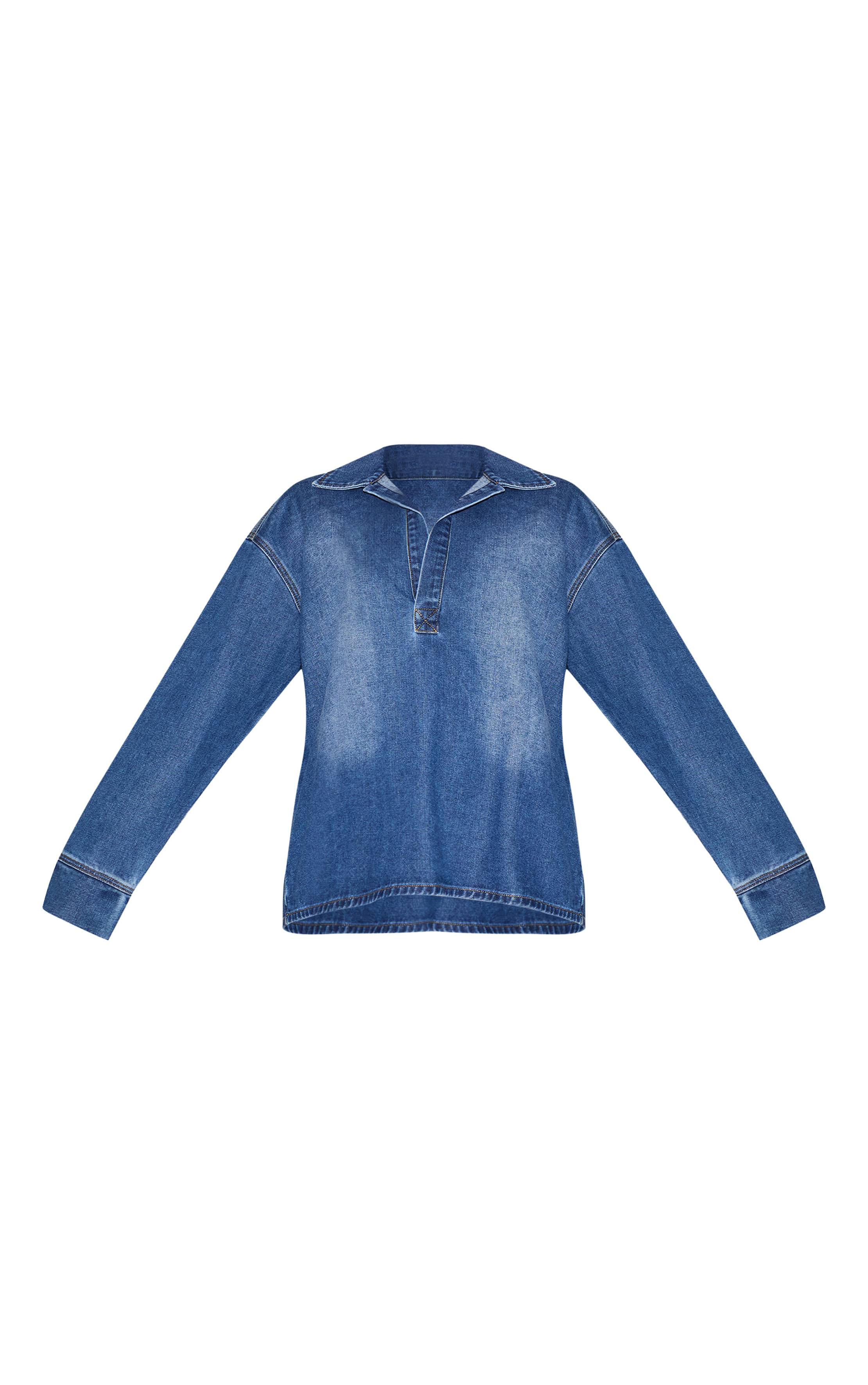 Mid Blue Wash Chemise De Rugby Oversize En Denim À Manches Longues