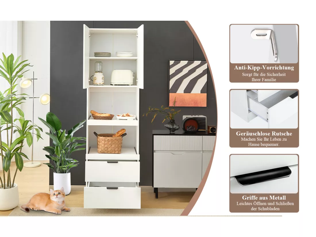 Buffet de cuisine avec 2 portes, 2 tiroirs et étagères - 59.5 x 45 x 200 cm - Bois MDF - Blanc