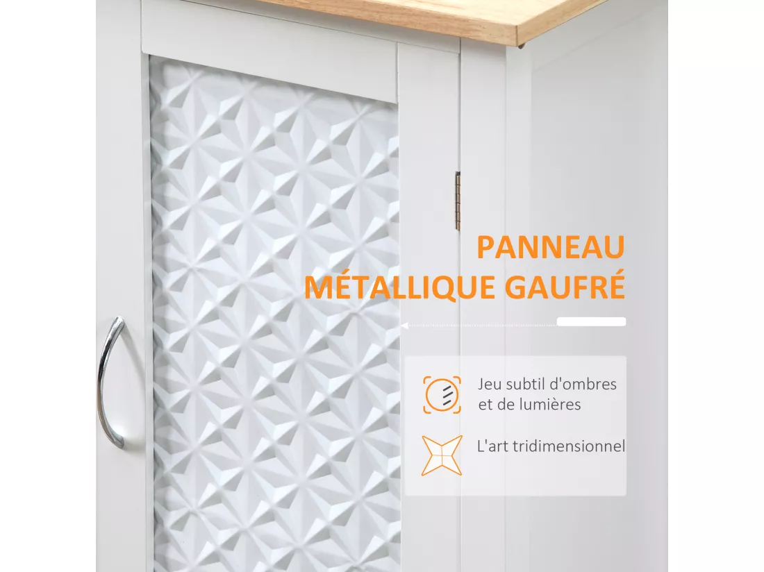 Desserte de cuisine style contemporain - porte, tiroir, 3 étagères - poignées métal MDF blanc plateau bois pin