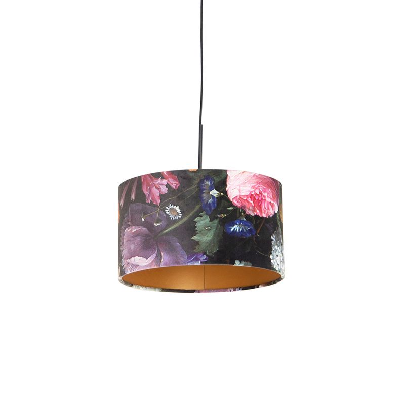 Hanglamp met velours kap bloemen met goud 35 cm - Combi
