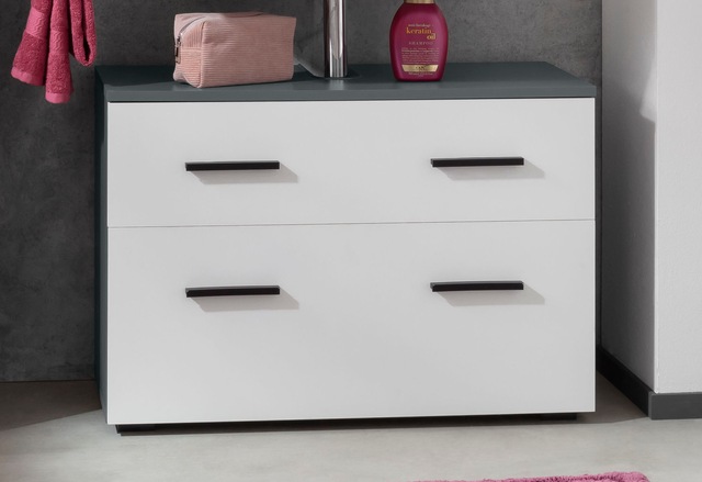 INOSIGN Waschbeckenunterschrank »Skara« mit Klappe und Schubkasten, schwarze Griffe, Breite 80 cm, Höhe 55 cm