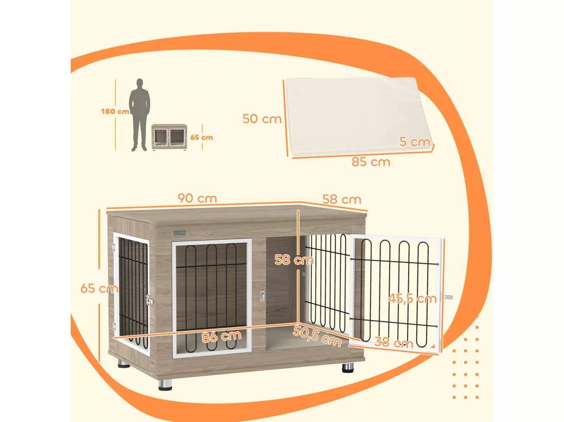 Cage pour chien sur pied - 2 portes verrouillables, coussin déhoussable inclus - acier filaire noir panneaux aspect bois brun