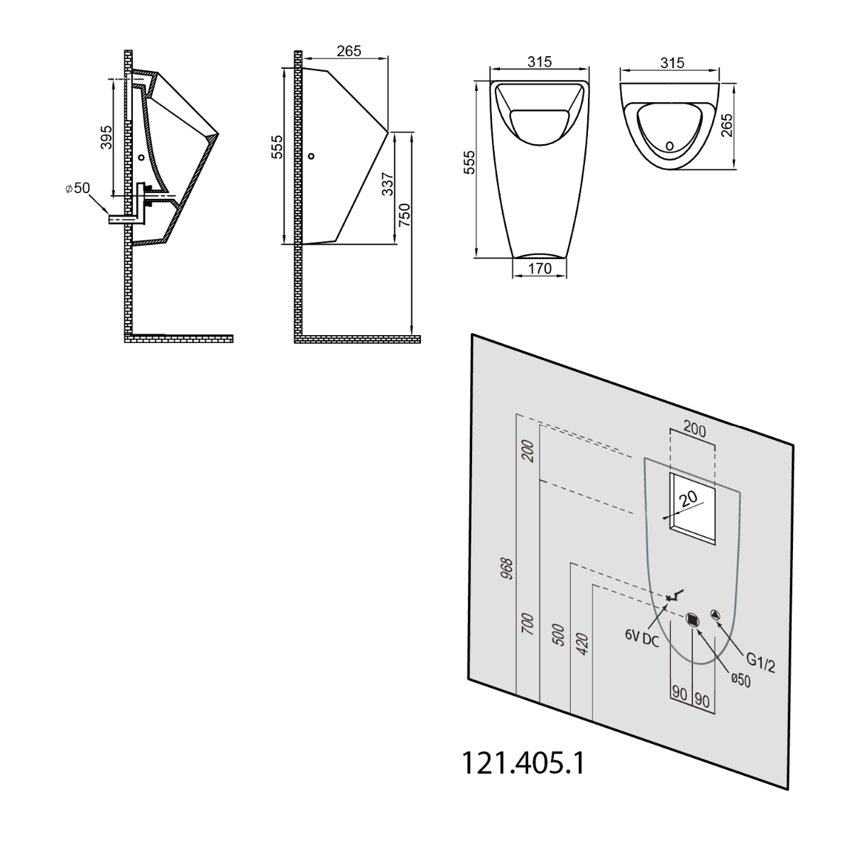 Bruckner Schwarn urinoir met spoeling 31.5x26.5cm zwart mat