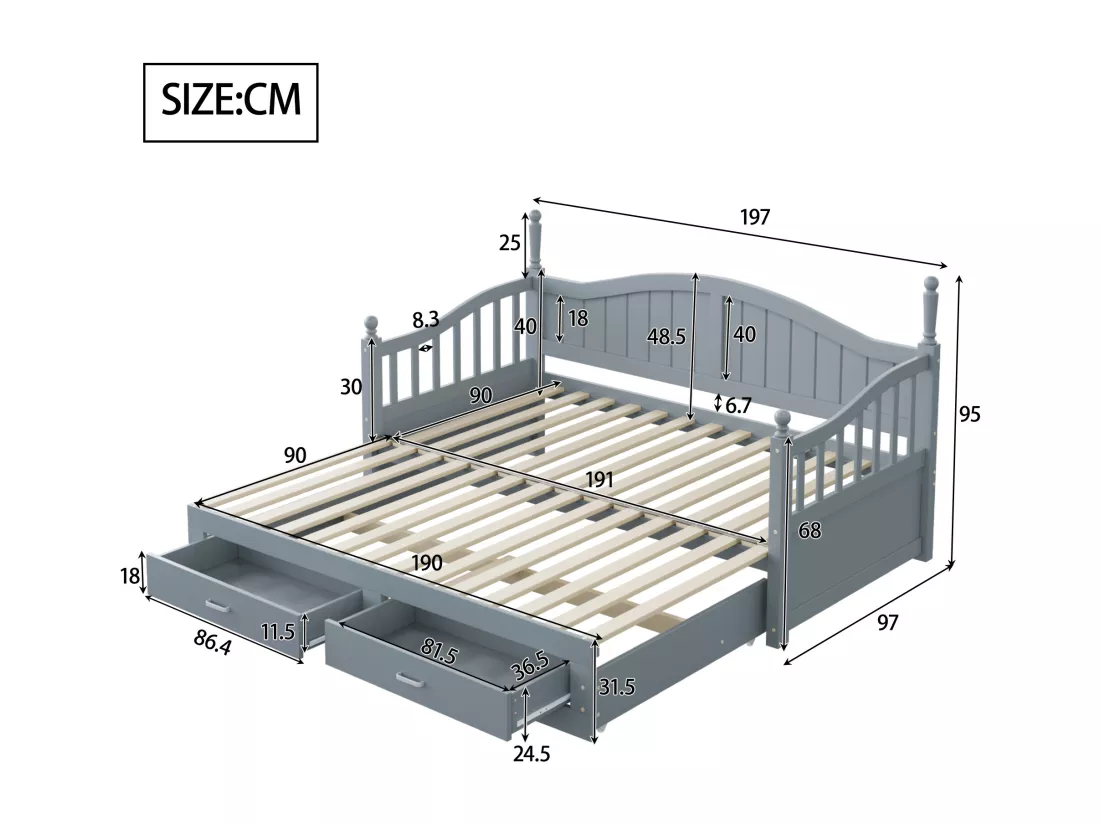 Canapé-lit pliant en bois massif - avec colonnes romaines - dossier et accoudoirs courbés - avec 2 tiroirs - gris (matelas non inclus)