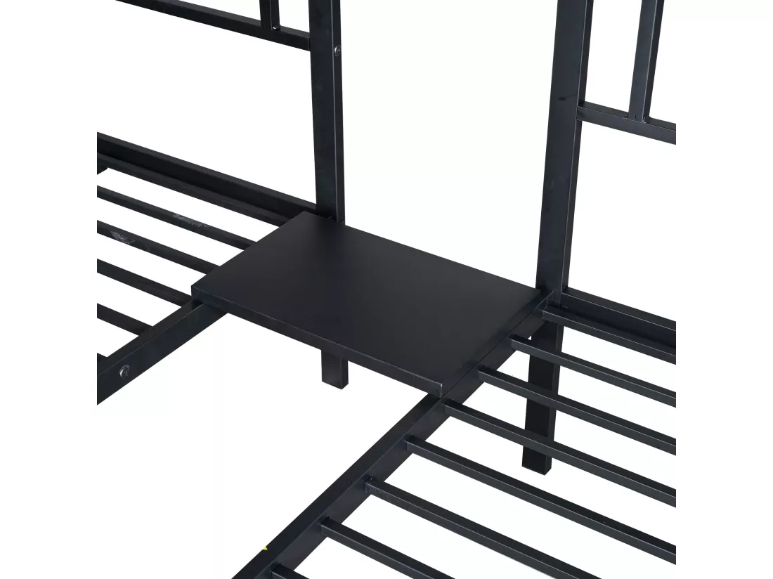 Lit superposé triple 3x90x200cm avec échelle et un plateau - cadre en métal - Noir
