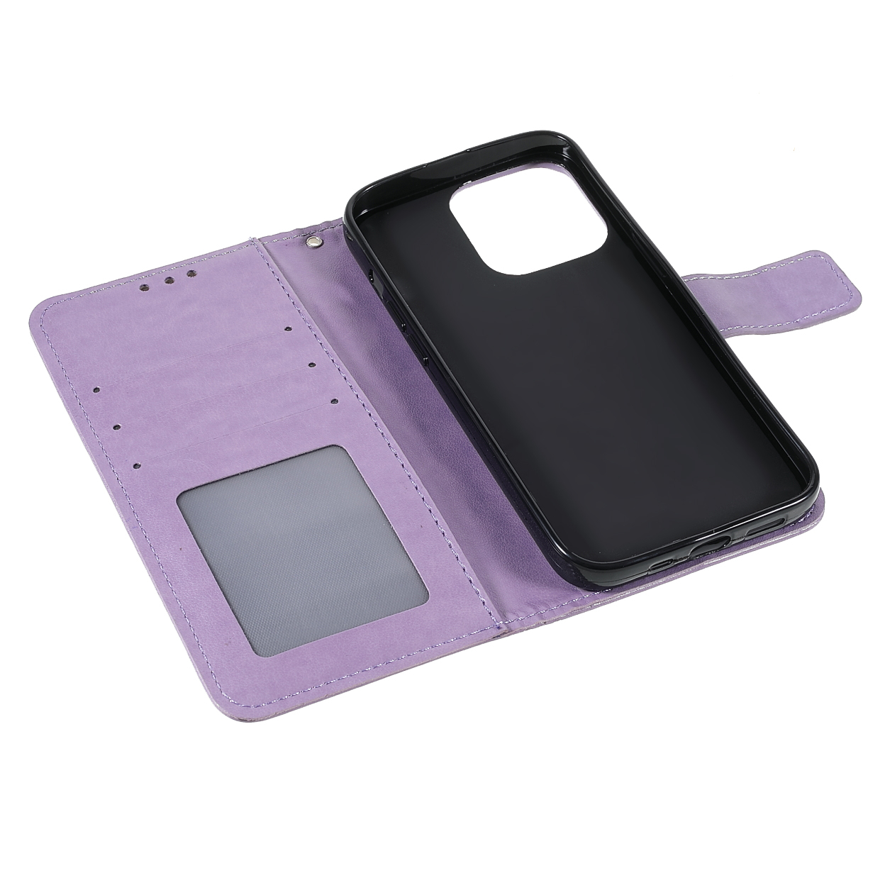 iPhone 13 Pro Leder Tasche Wallet - Mandala Flowers Imprint - Lila