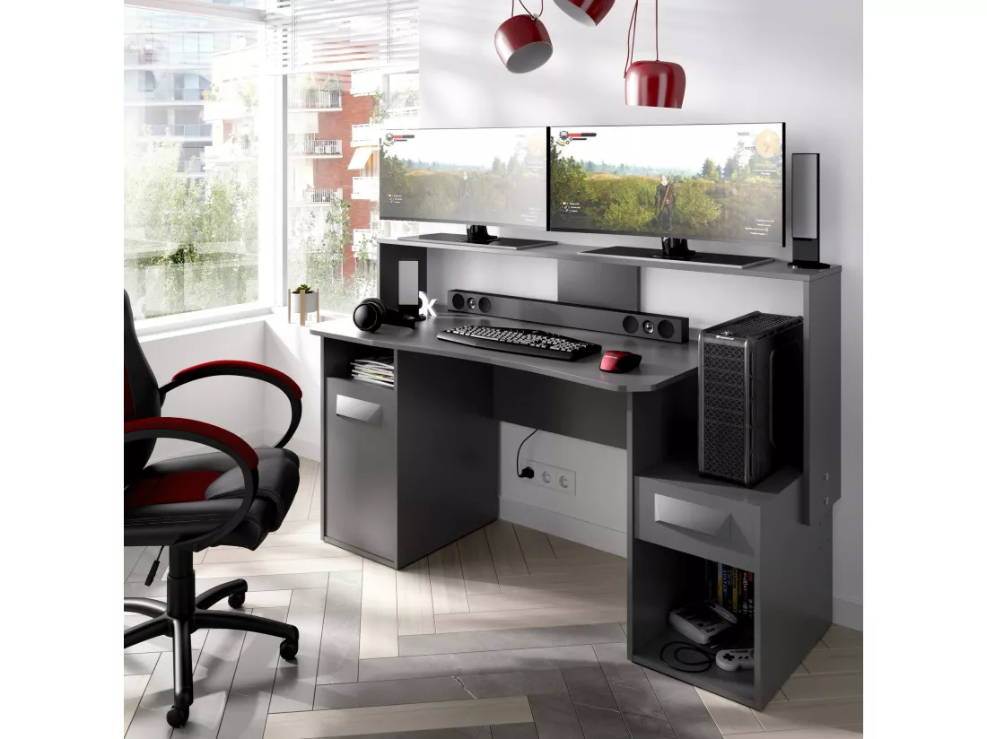 Bureau Manos, bureau de jeu multifonction moderne, table d'étude pour PC et support CD, 154x69h98 cm, Anthracite, sans lumières LED
