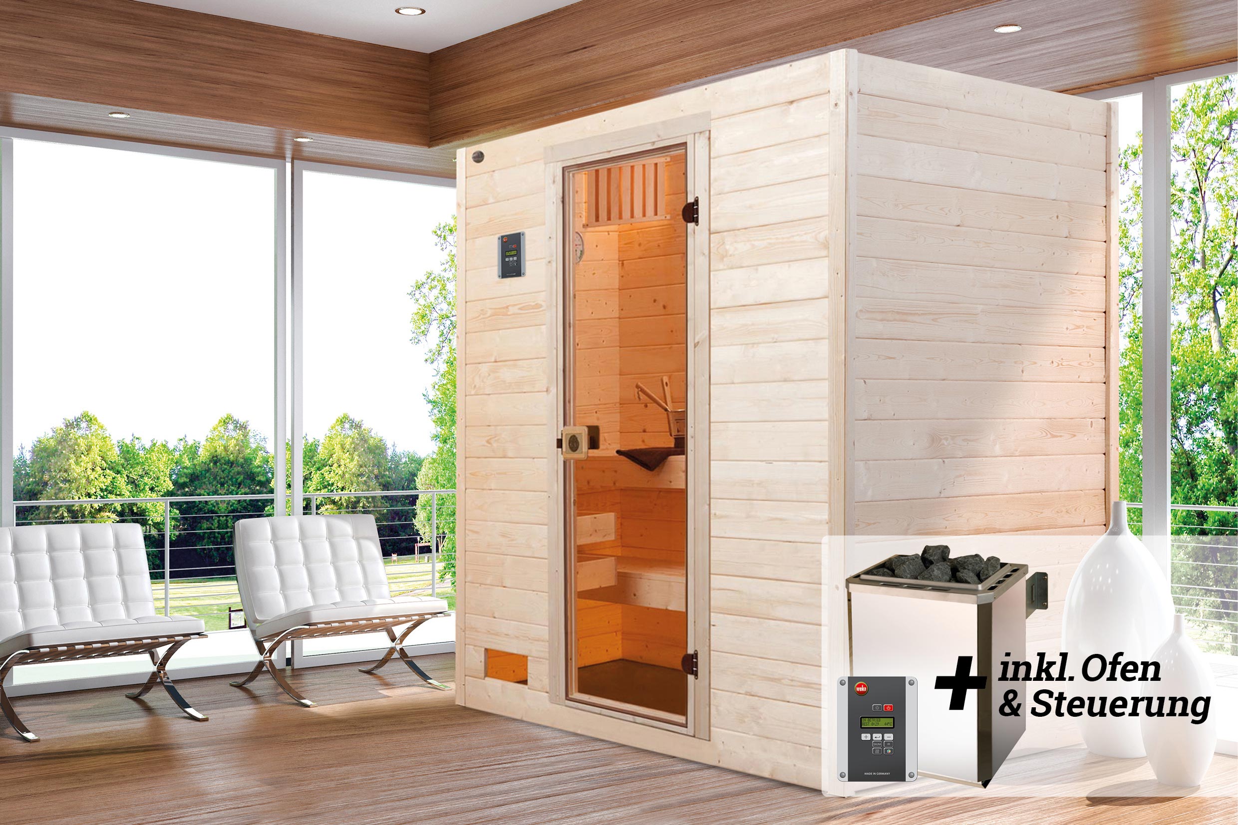 weka Massivholz-Sauna VALIDAGr. 2 Sparset 4,5 kW OS inkl. digitaler Steuerung, Glastür