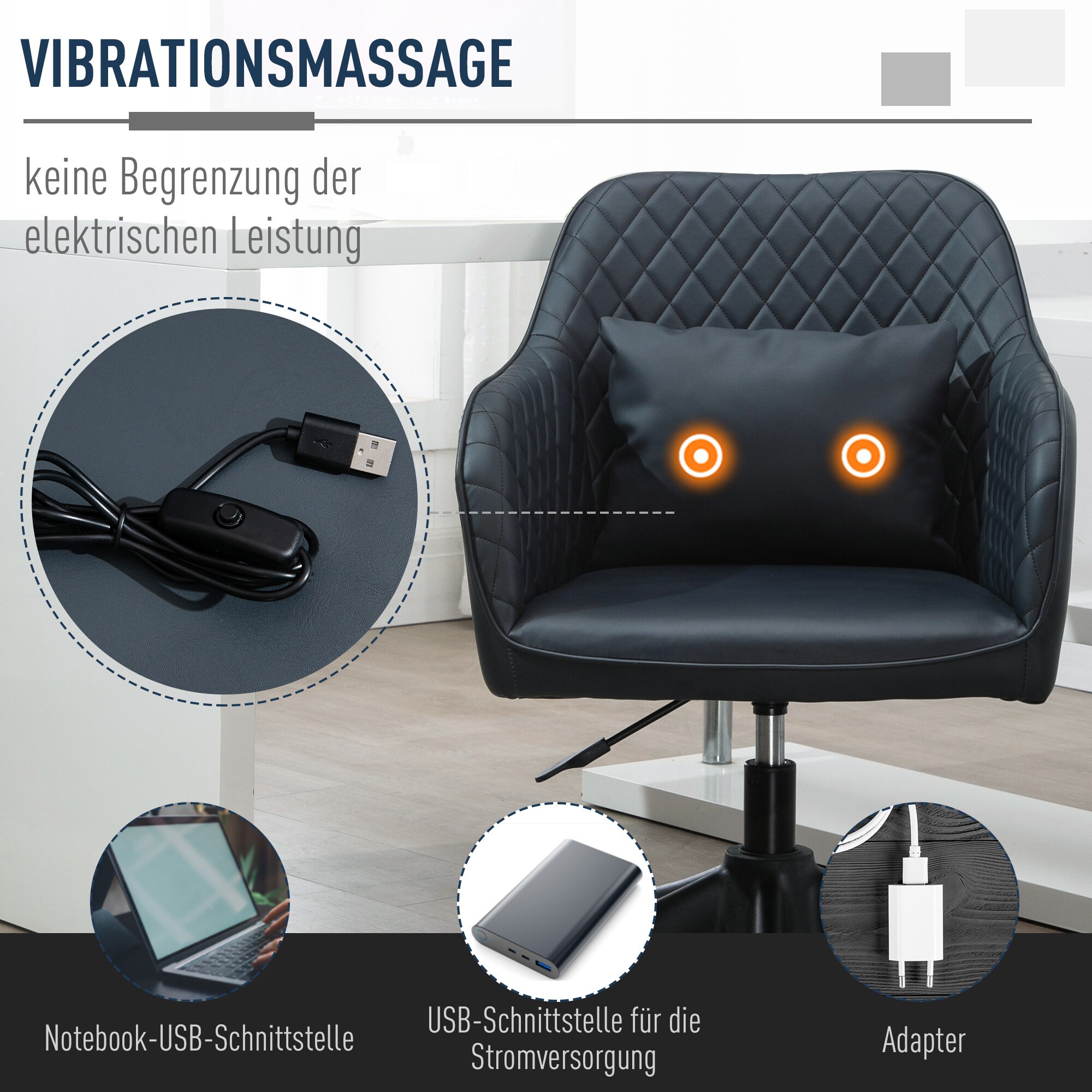 Vinsetto Drehstuhl inkl. Lendenkissen mit Vibrationsmassage dunkelgrau 55 x 65 x 79-89 cm (BxTxH)