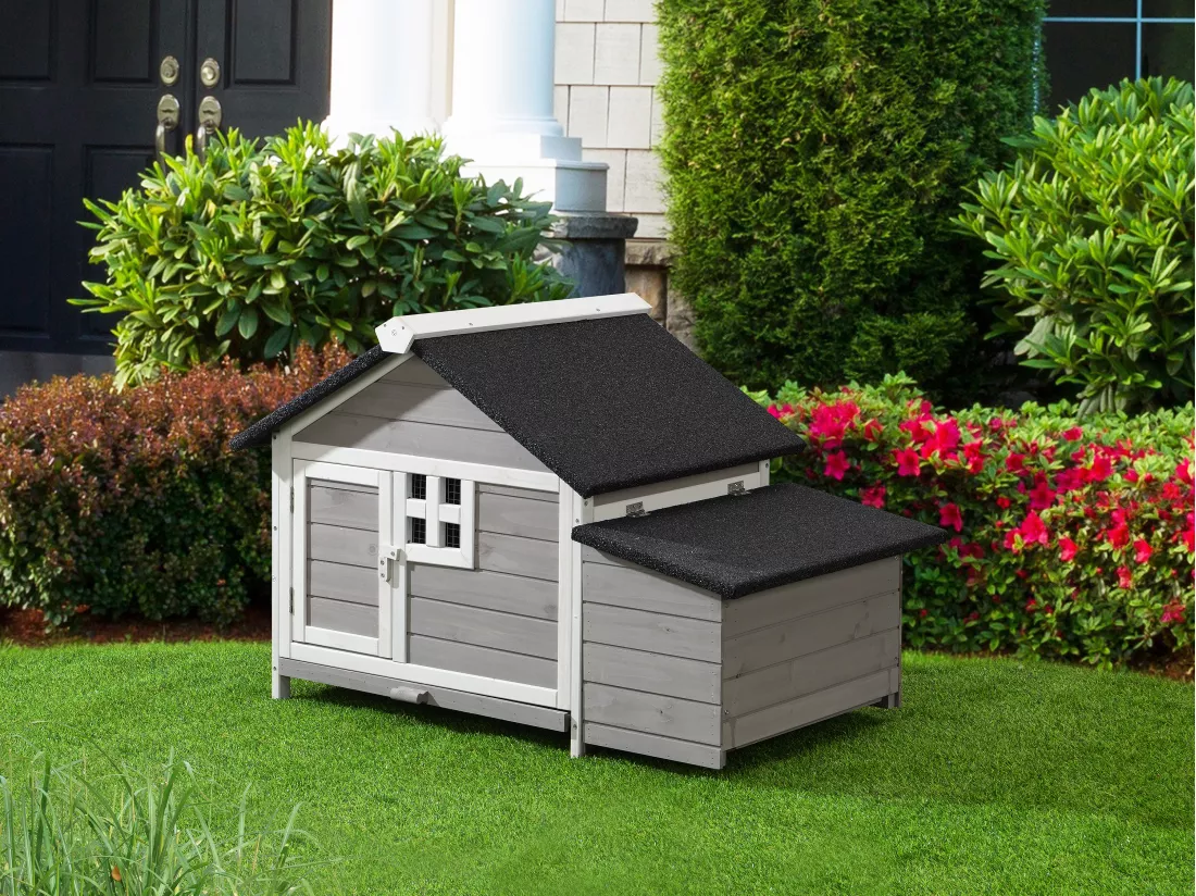 Poulailler en bois avec pondoir - 2 poules - L. 106 x P. 64 x H.71 cm - Blanc et gris - ANSER