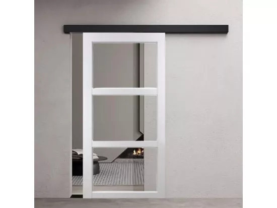 Porte Coulissante Kenya Blanc Vitrage Transparent H204 X L73 + Rail Alu Bandeau Noir Et 2 Coquilles Gd Menuiseries
