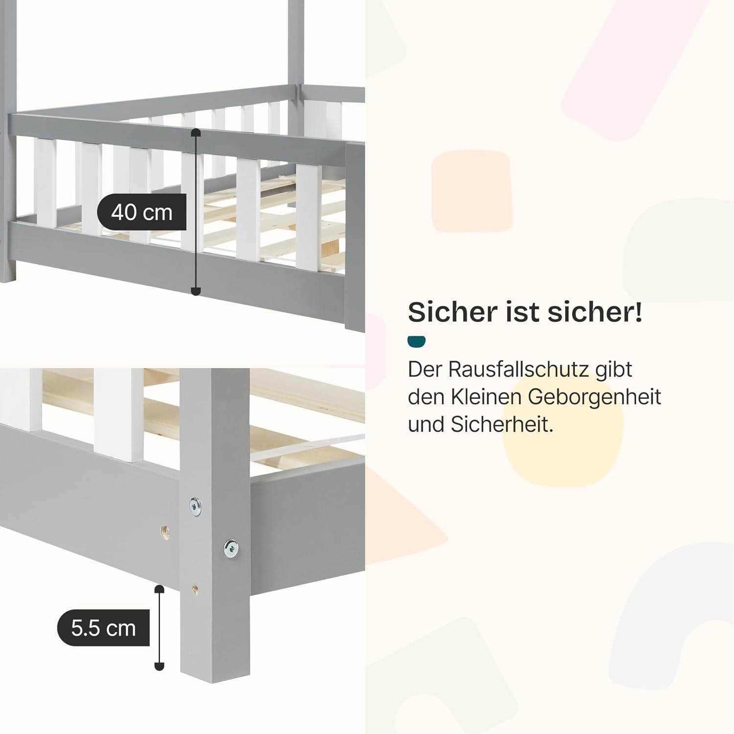 [en.casa] Kinderbett Hesel Hausbett Grau 90 x 200 cm mit Rausfallschutz und Lattenrost Montessori Bodenbett Jugendbett Holzbett