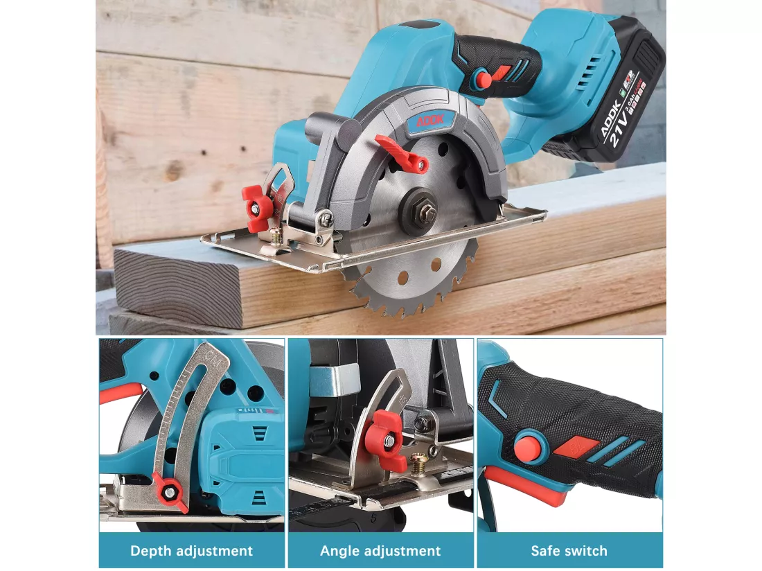 Scie circulaire 21 V à 6 lames, avec batterie 3,0 Ah, mini scie circulaire sans balais, adaptée à la coupe du bois (avec 2 batteries)