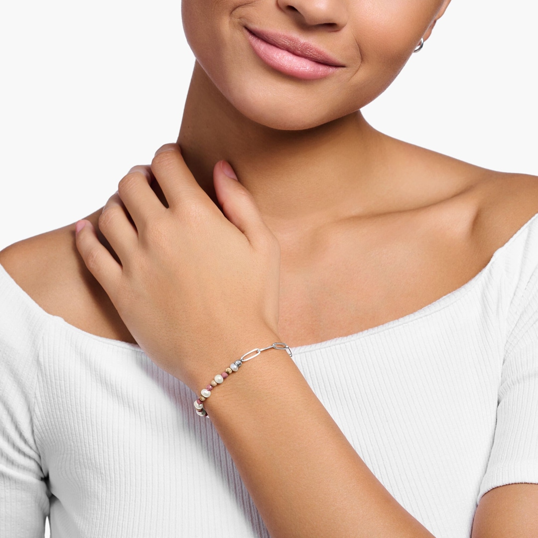 Thomas Sabo Charm-Armband mit bunten Beads weissen Perlen und Kettengliedern Silber