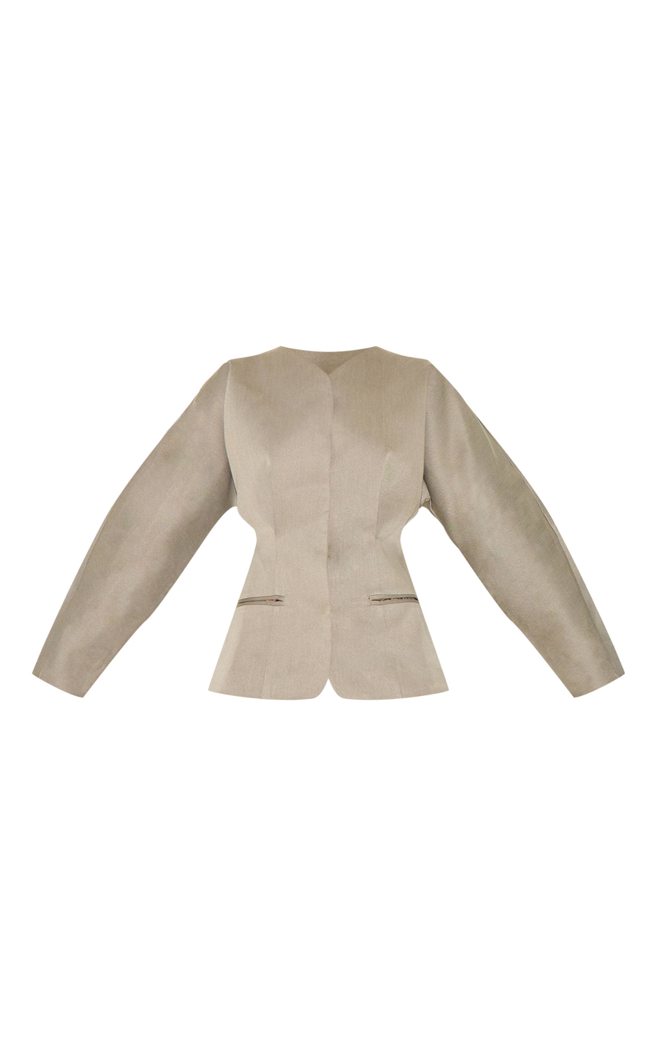 Gris Clair Blazer Ajusté Sans Col En Tissu Tissé Premium Avec Ensemble Coordonné