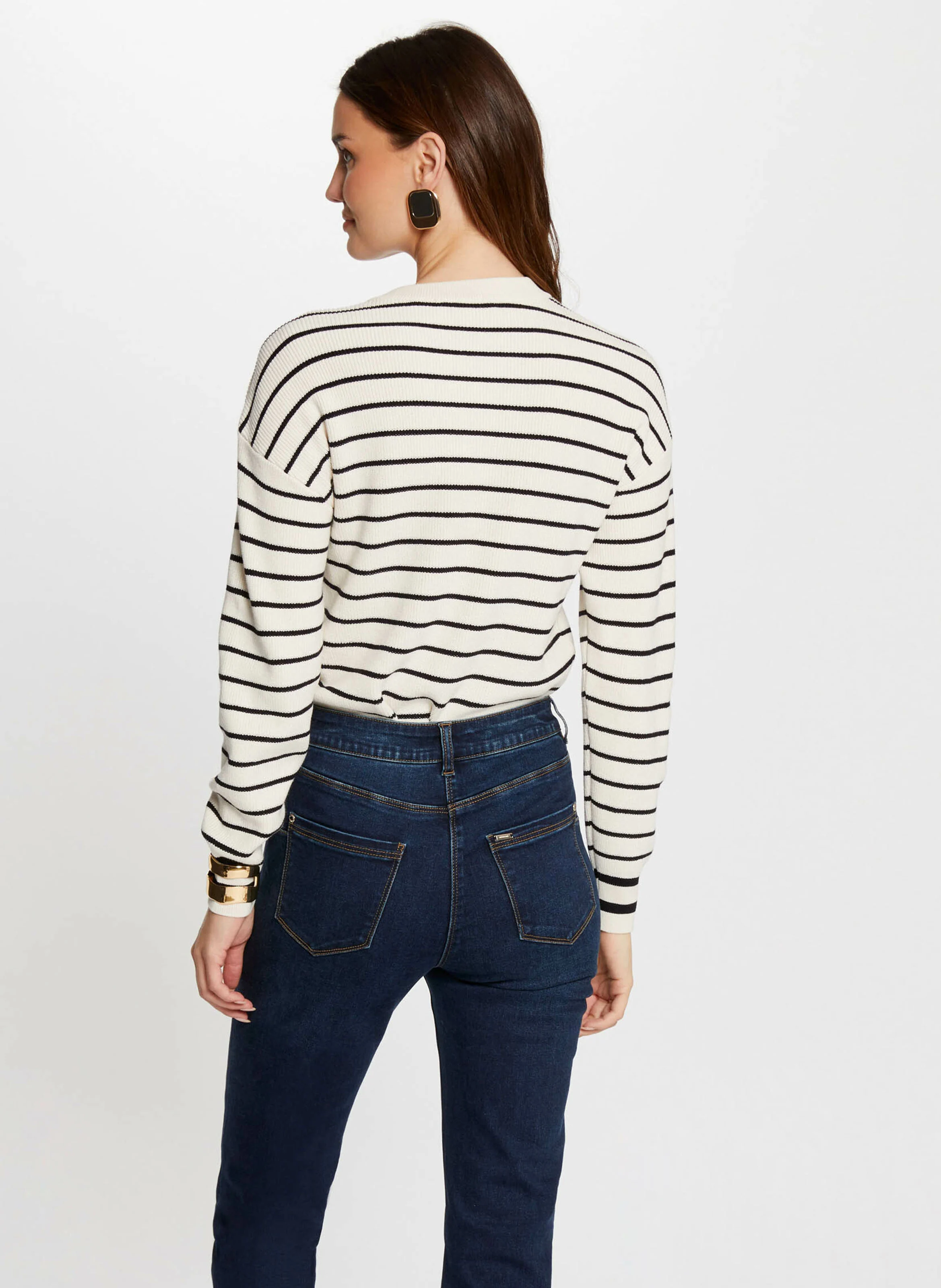 MARINO - Pull droit manches longues à rayures | Beige