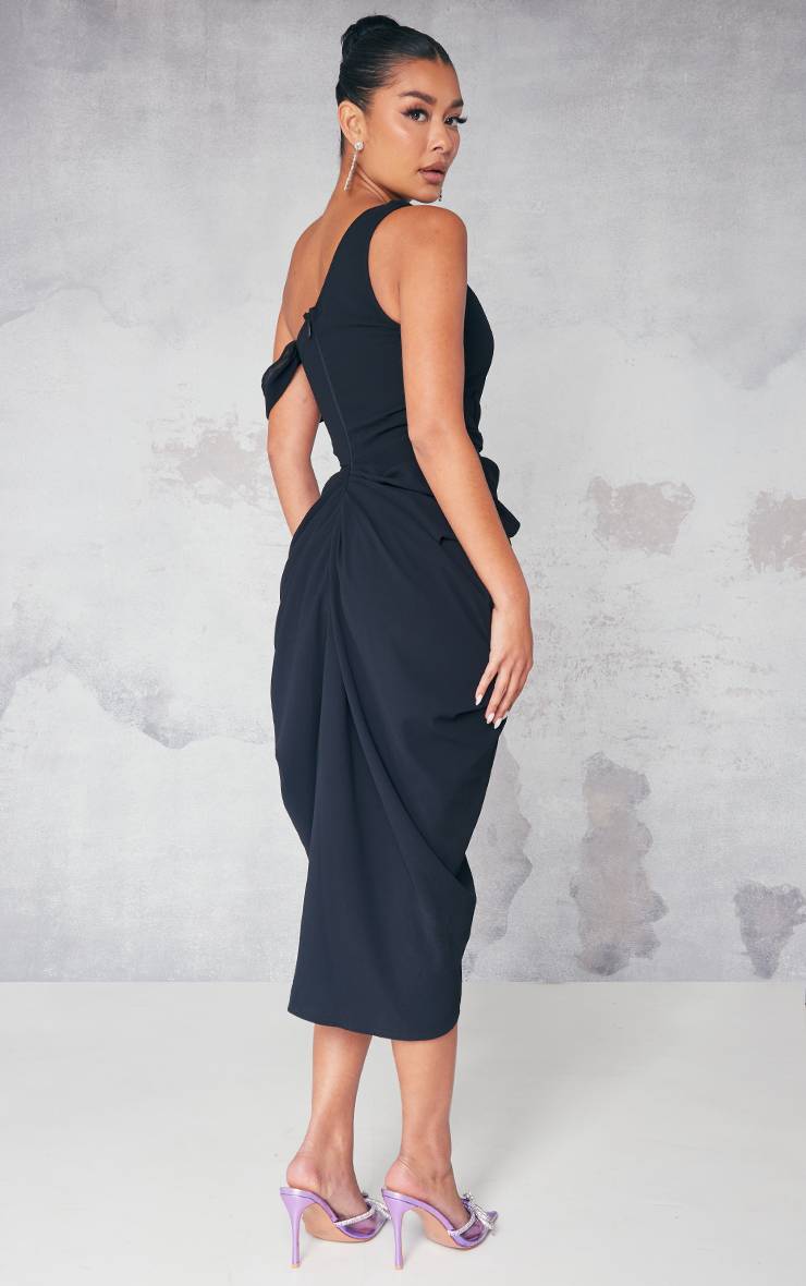 Noir Robe Midi Drapée En Mousseline À Bretelle Asymétrique