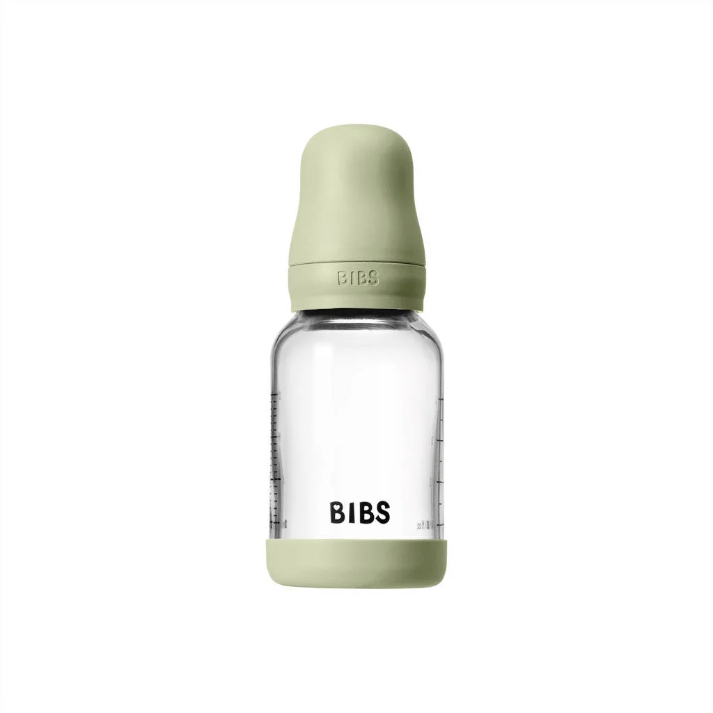 BIBS Glazen Babyfles - 120 ml - Sage - met latex speen en opvouwbare trechtertje