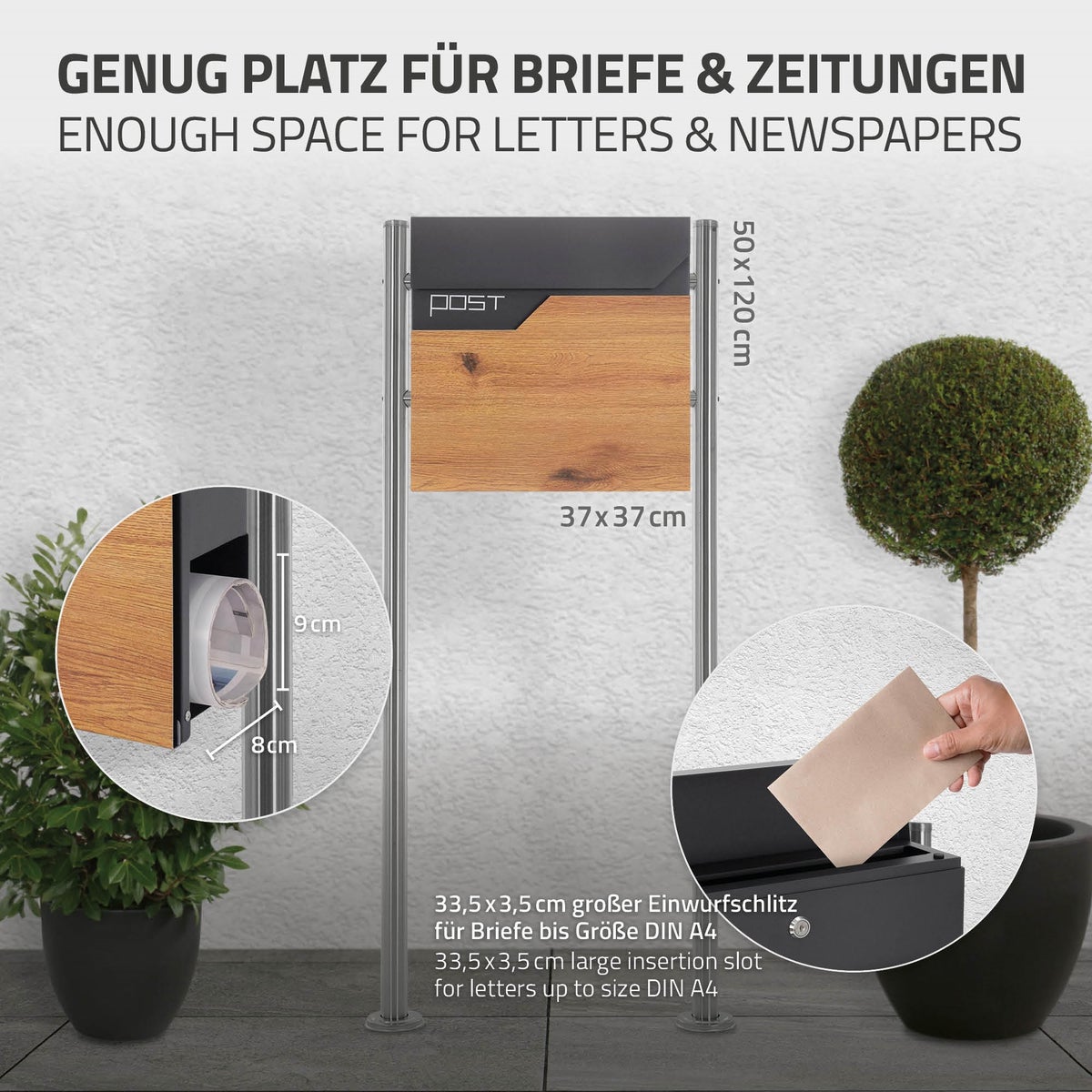 ECD Germany vrijstaande brievenbus met krantenvak, design brievenbus met post, brievenbussysteem, brievenbusstandaard zilver 120 cm roestvrij staal, brievenbus antraciet houtlook gepoedercoat roestvrij staal
