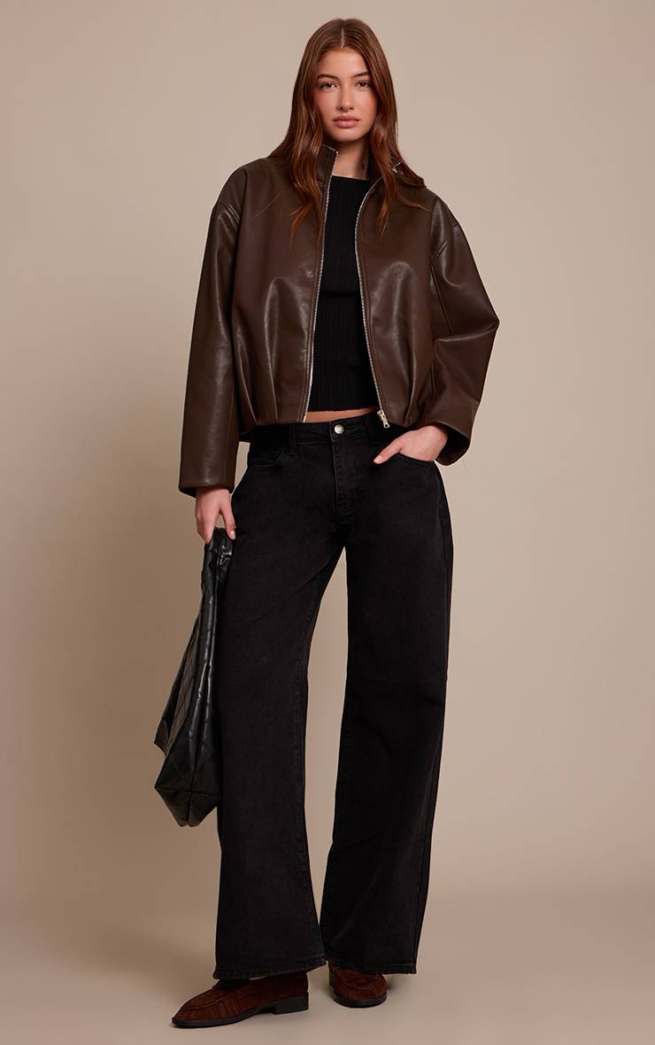 Chocolat Blouson Aviateur En Synthétiquecuir À Col Montant Avec Dos Froncé