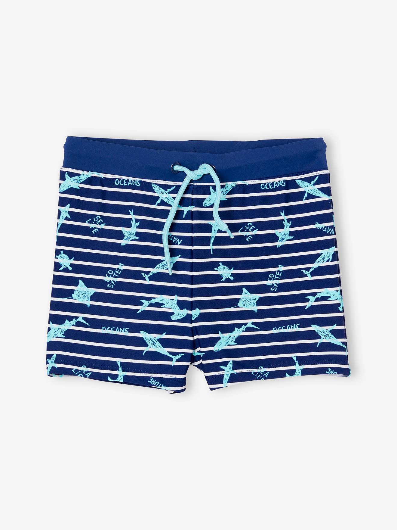 Calção de banho boxer infantil com estampa tropical e listras azul-marinho.
