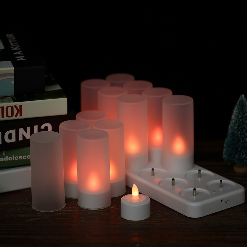 (12er Set) 2in1 Flackernde LED Teelichter Deko Kerzen Home Stimmungsleuchte inkl. Ladestation / Fernbedienung - Bunt