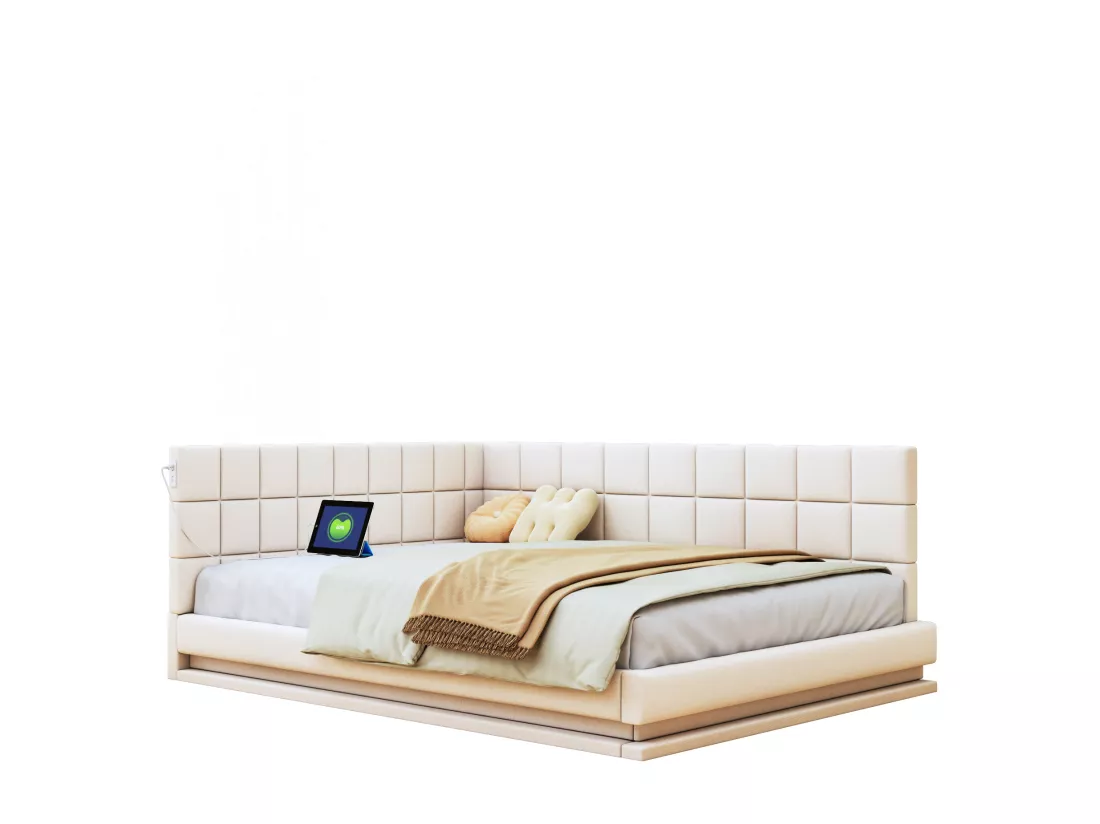 Lit banquette rembourré en velours 140x200cm - avec LED et prise USB - Beige