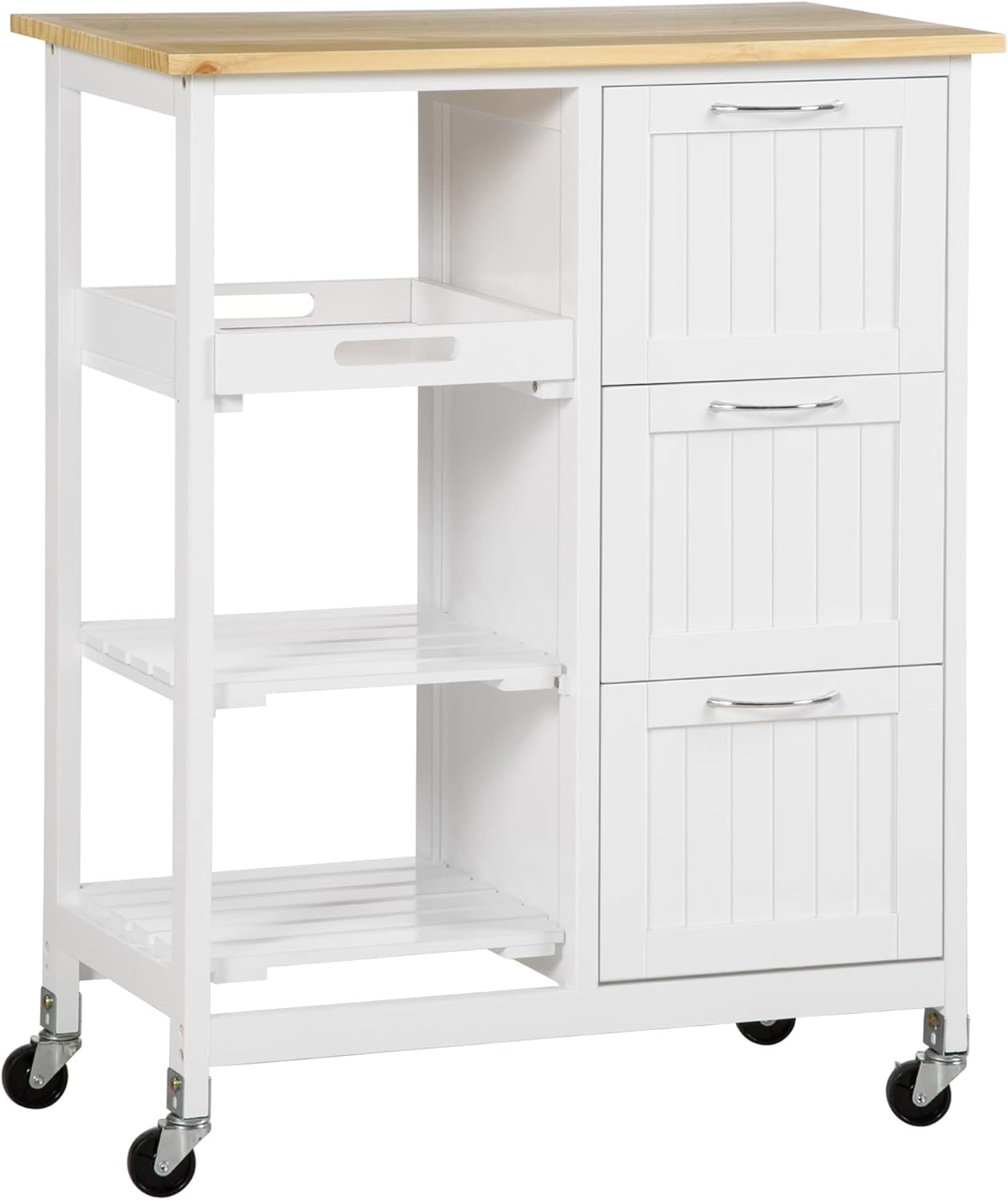HOMCOM Küchenwagen Servierwagen mit 3 Schubladen, Küchenrollwagen mit 3 Ebenen, Aufbewahrungswagen mit Arbeitsplatte, für Küche, Weiß, 67 x 37 x 85 cm