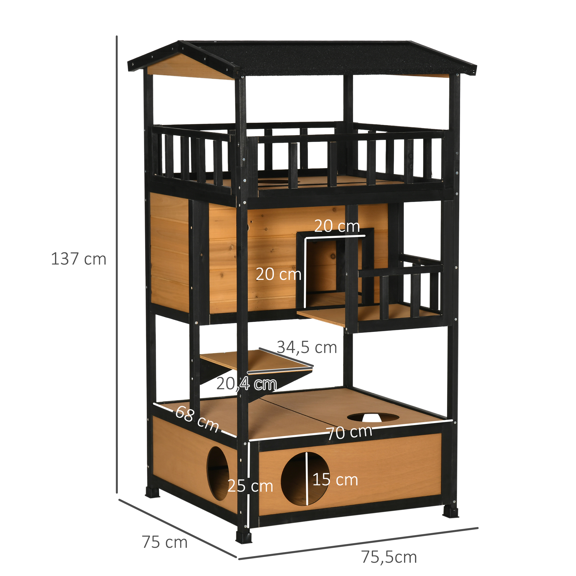 Casinha de madeira para gatos PawHut, 75,5 x 75 x 137 cm, com telhado de asfalto e plataformas para uso interno e externo, cor natural.
