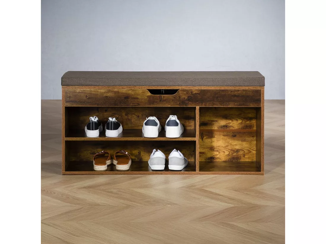 Banc de rangement à chaussures BAIA avec coffre, Assise rembourrée, 104x48x30 cm, 8 à 10 paires de chaussures, Couleur old style
