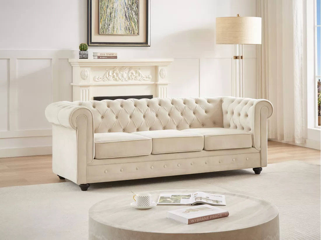 Canapé 3 places en velours beige CHESTERFIELD
