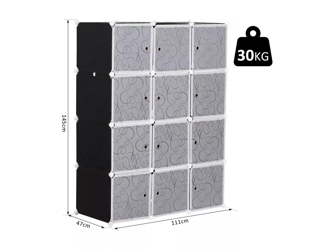 Garde robe armoire à vêtements L 111 x l 47 x H 145 cm modulable 12 cubes noir et blanc