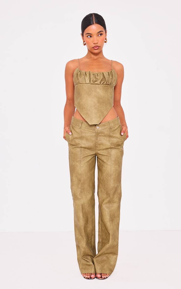 Vert Olive Pantalon Évasé Taille Basse En Synthétique Lavé Premium